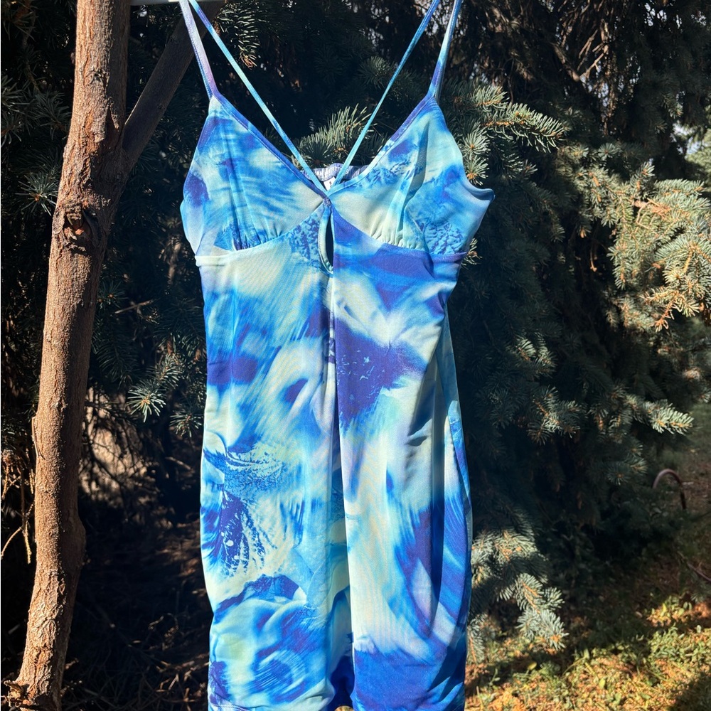 Urban Outfitters Kayla Mesh Mini-Dress Blue Marble Tie Dye Size Small